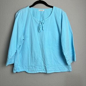 Russ Berens Malibu USA Blue Cotton Tie Neck 3/4 Sleeve Top Medium